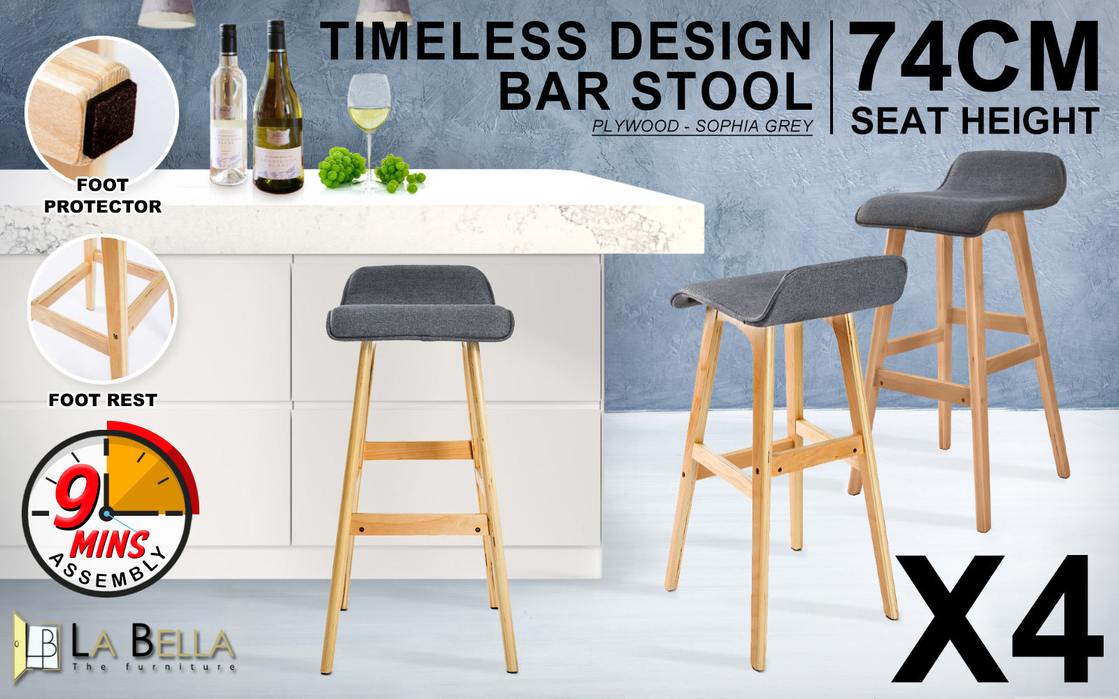 Nova Wooden Bar Stools – Grey – Set of 4