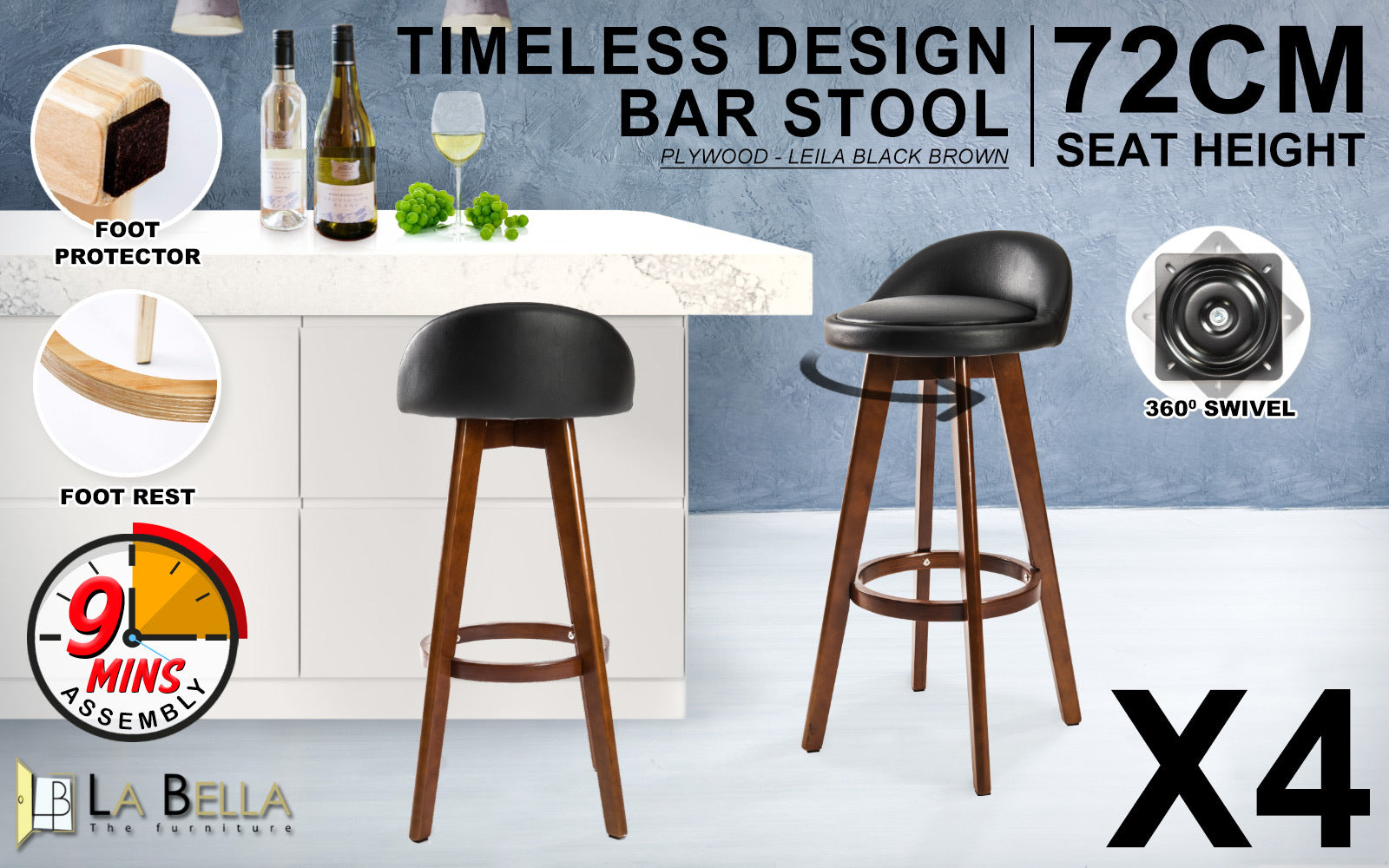 Nara Wood and Leather Swivel Bar Stools – Black & Brown – Set of 4