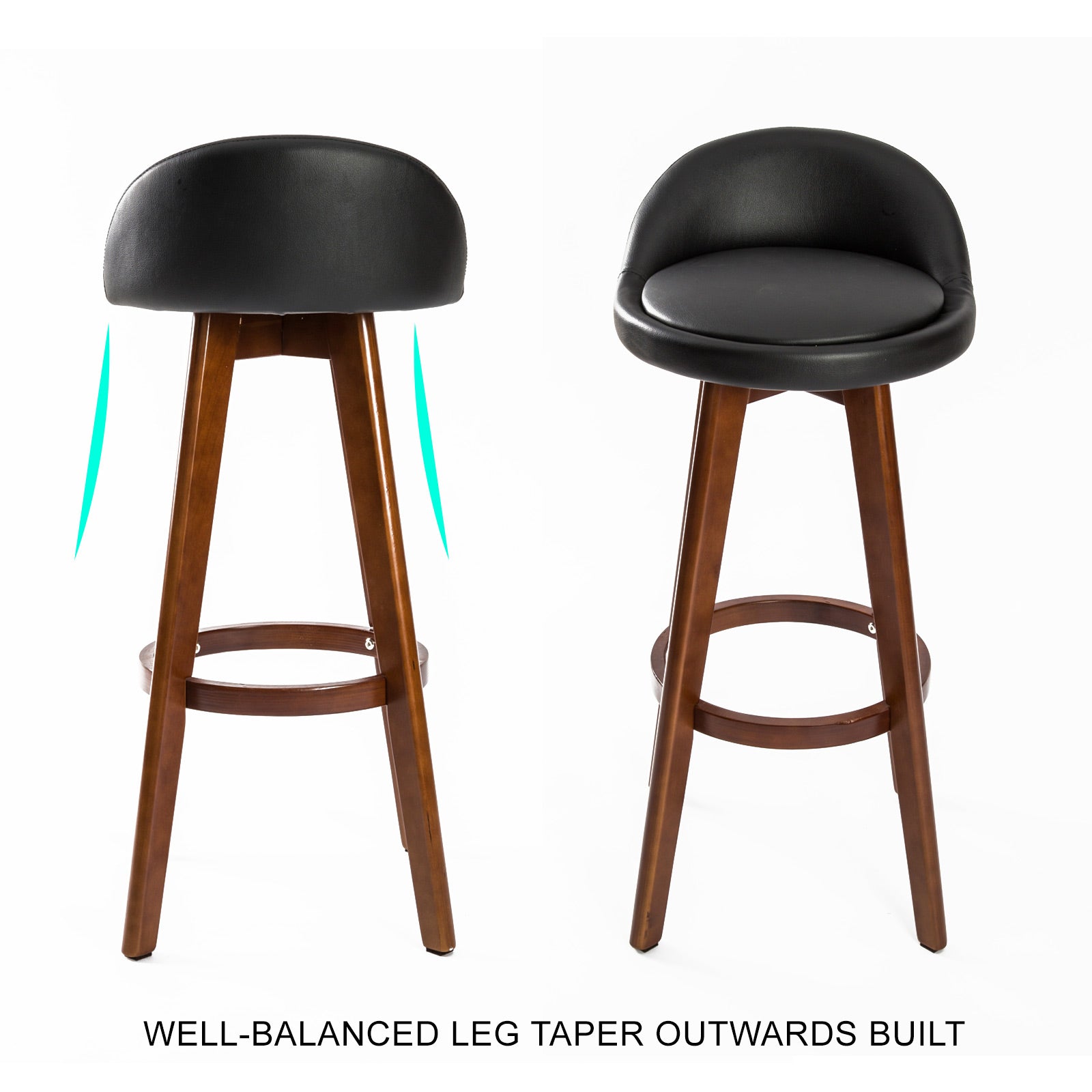 Nara Wood and Leather Swivel Bar Stools – Black & Brown – Set of 4