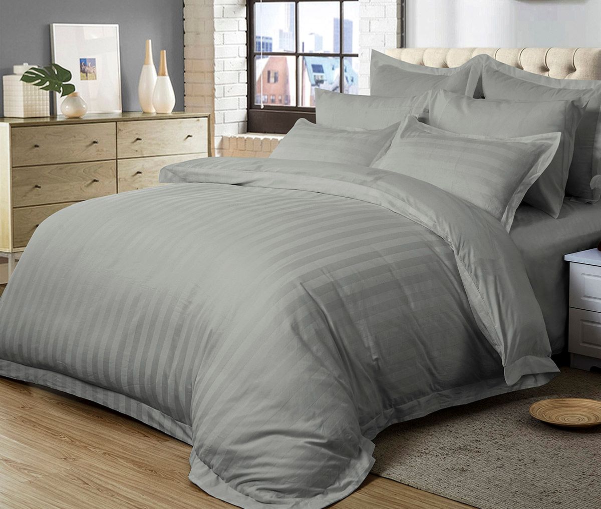 Cove 1000TC Ultra Soft Striped Grey Duvet Quilt Cover Set – King