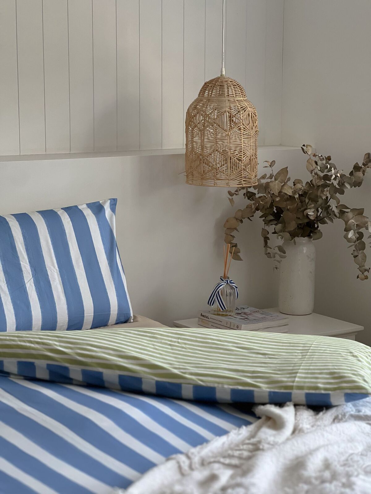 Nova Cotton Quilt Cover Set – Blue Green White Stripe – Queen