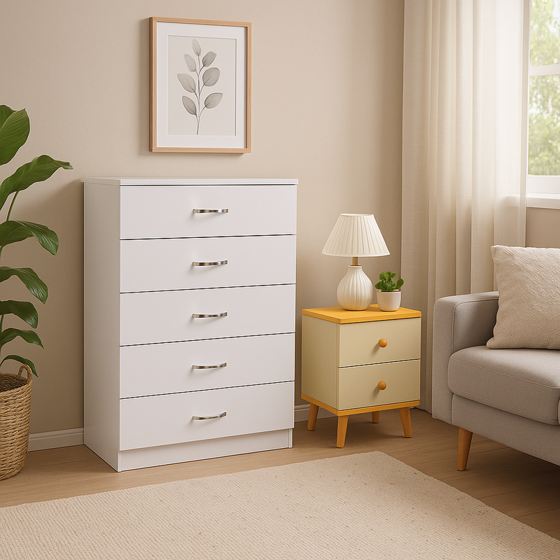 Camden 5-Drawer Chest with Bedside Table – White – 70 × 40 cm