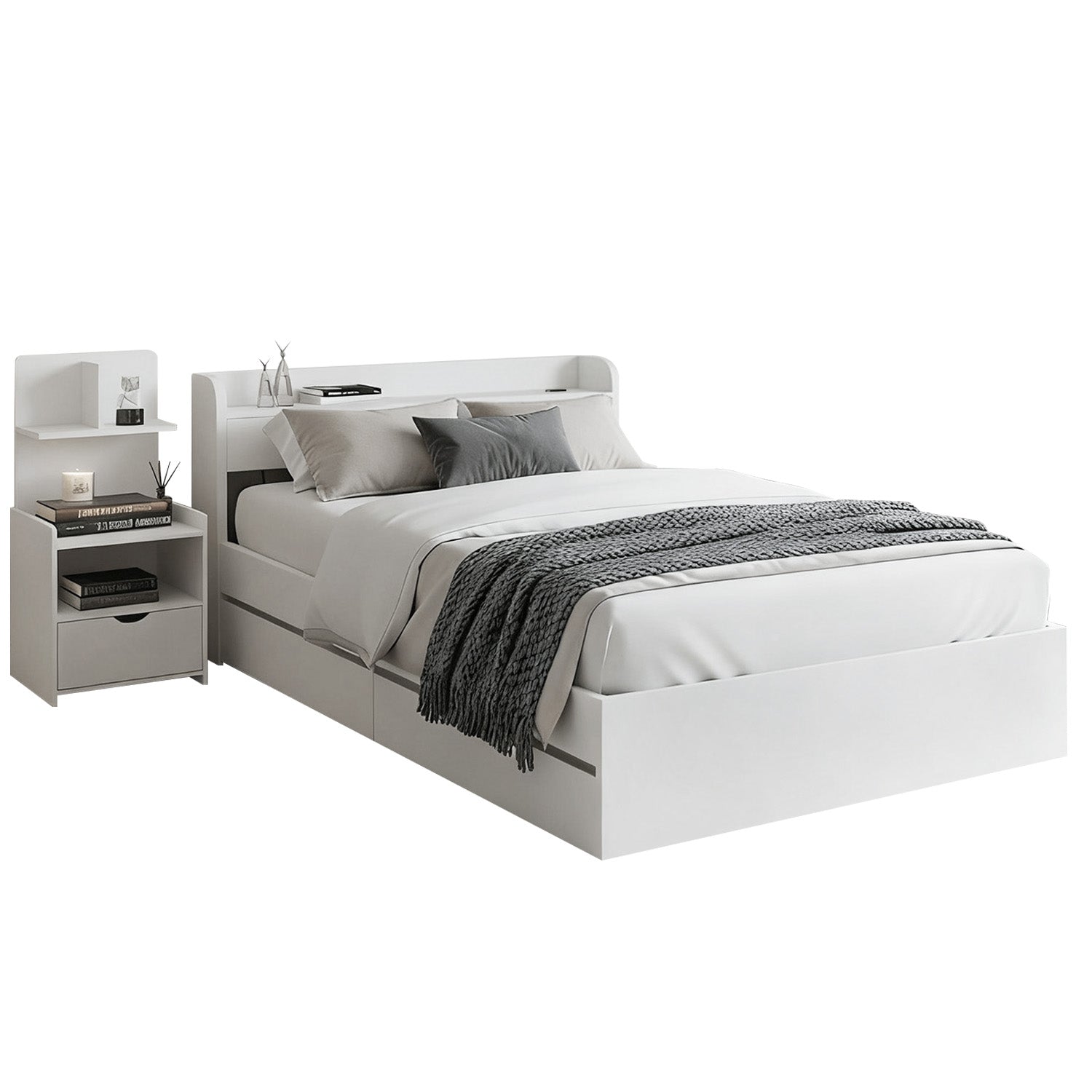 Linden Bed Frame with Charging Ports and Bedside Table – Single
