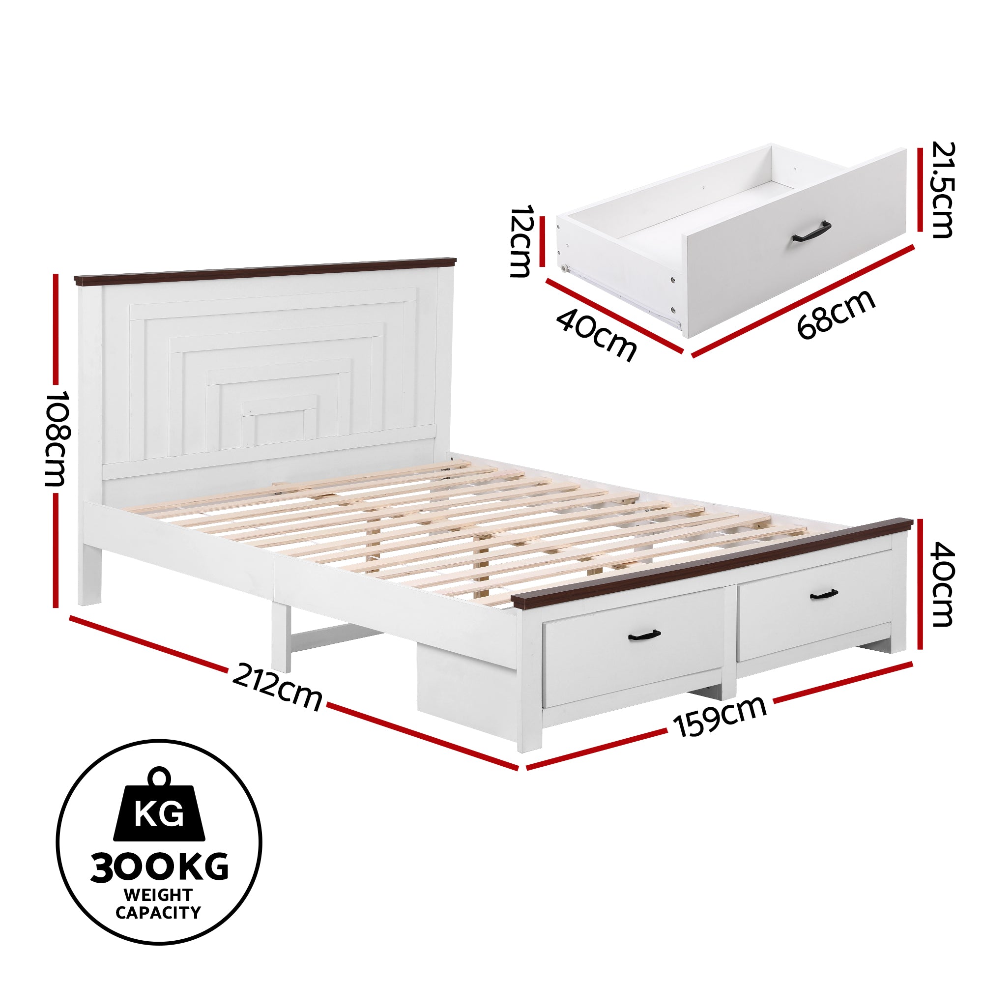 Rowan Wooden Bed Frame with Storage Drawers – White – Queen