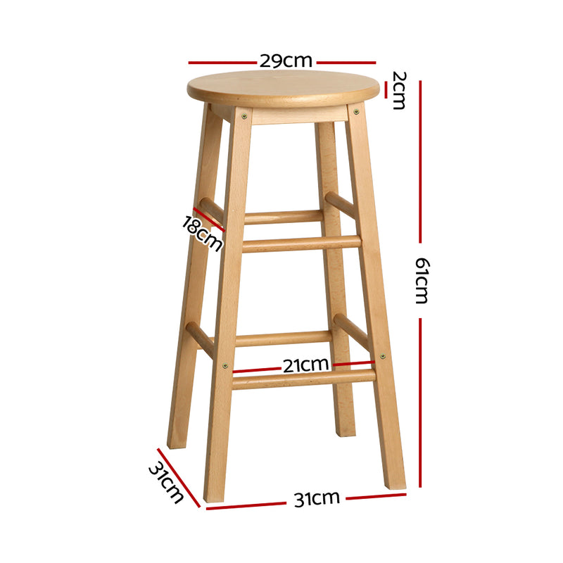 Set of 2 - Beech Wood Backless Bar Stools - Natural