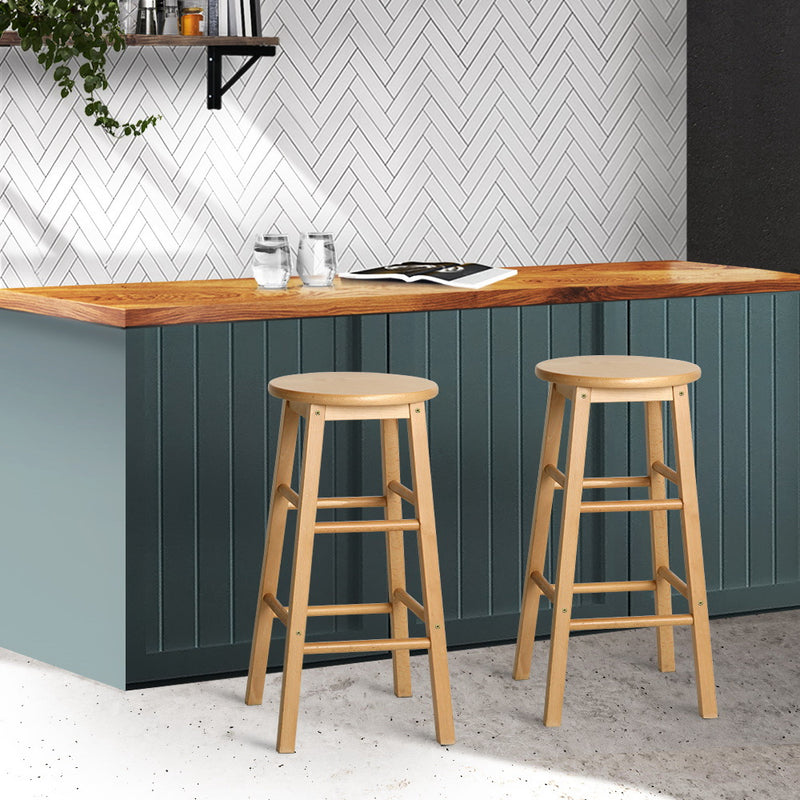 Set of 2 - Beech Wood Backless Bar Stools - Natural