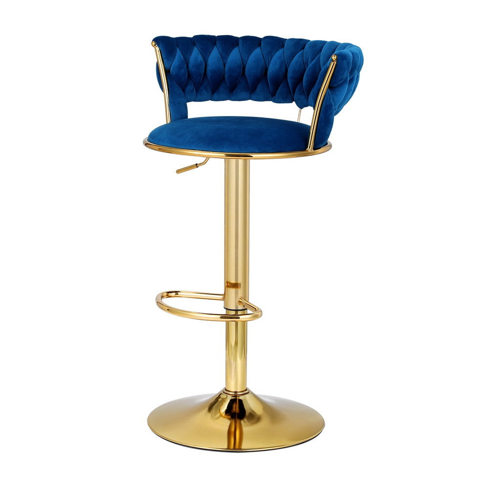 Haven 2x Bar Stools Gas Lift Velvet Woven Backrest Navy