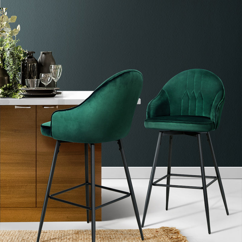 Set of 2 - Velvet Bar Stools - Green