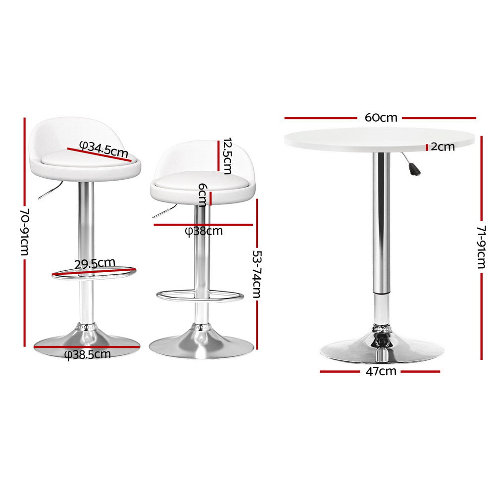 Meridian Bar Table & Stool Set – White & Silver – Set of 3