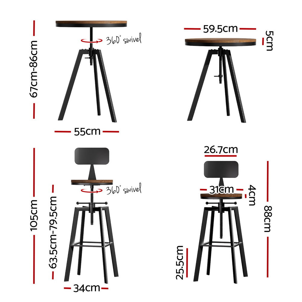 Alderon Industrial Bar Table & Stool Set – Brown – Set of 3
