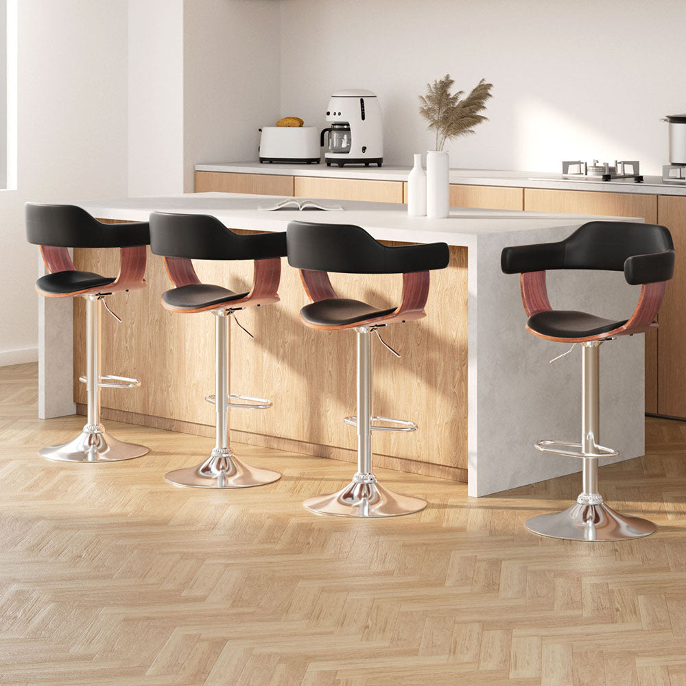Cove 4x Bar Stools Gas Lift Leather w/Armrest Black