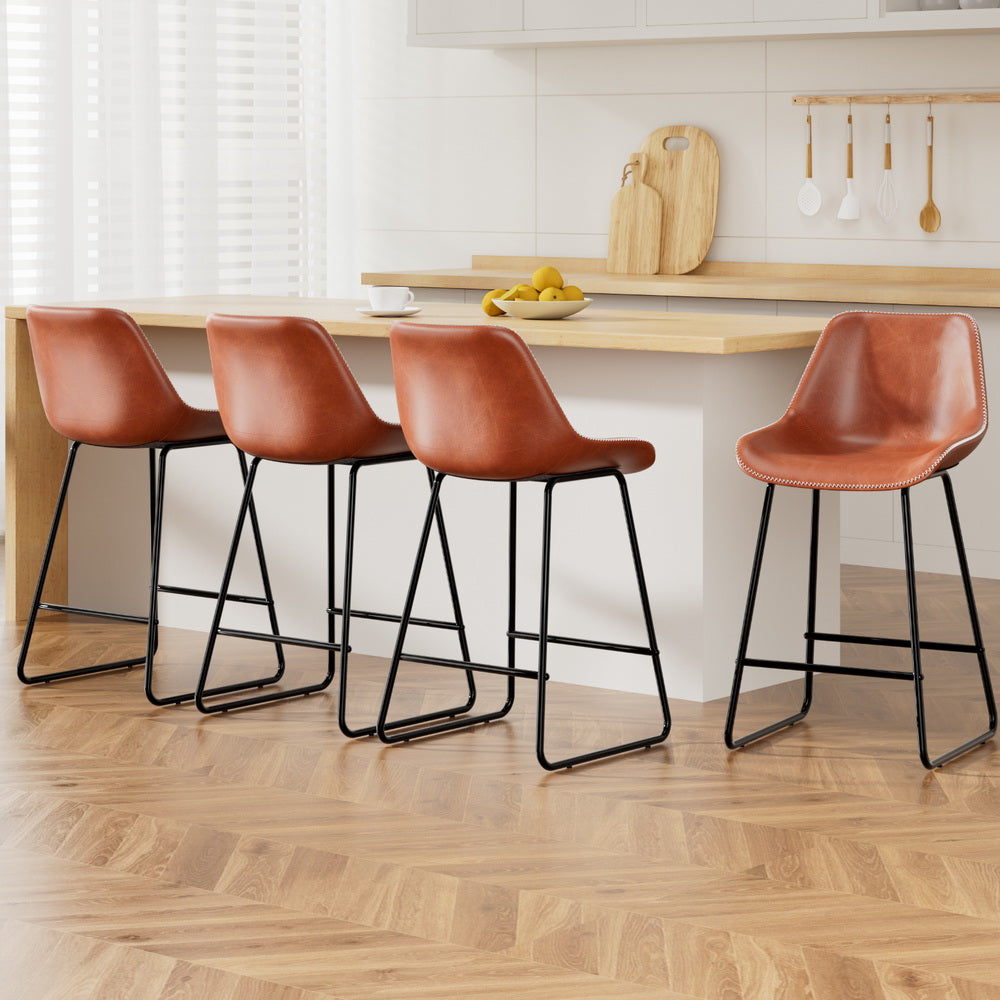 Arlo 4x Bar Stools Leather Padded Metal Legs Brown