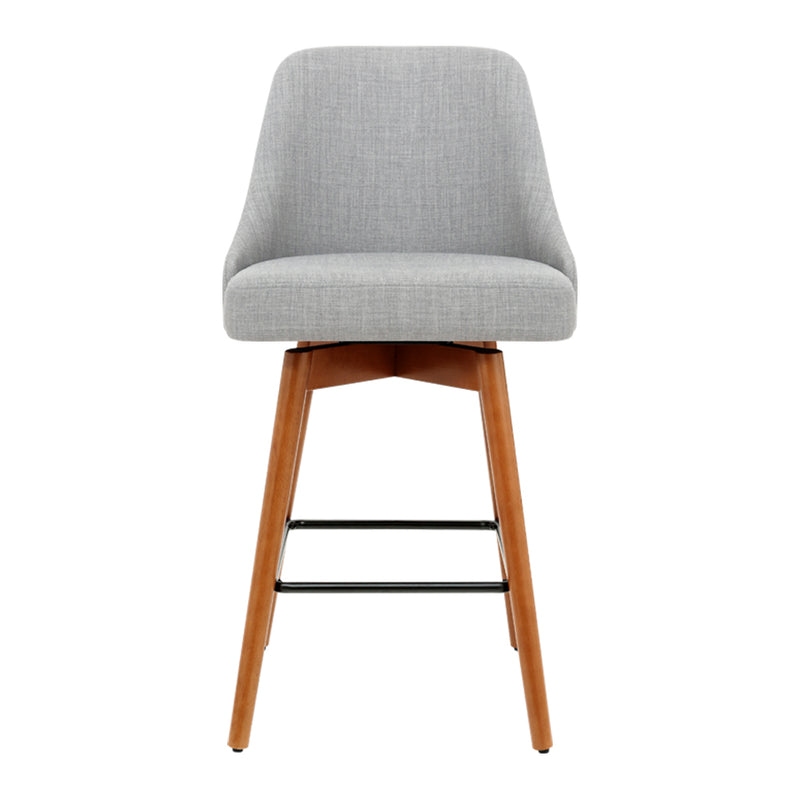 Set of 4 - Wooden Fabric Bar Stools - Square Footrest - Light Grey