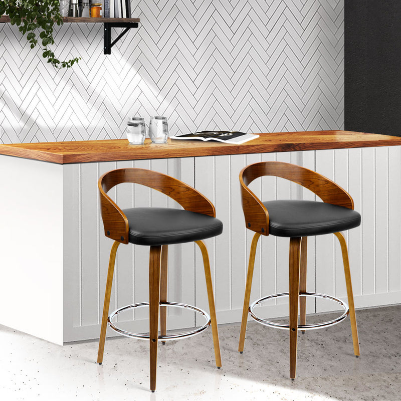 Set of 2 - Walnut Wood Bar Stools - Black and Brown