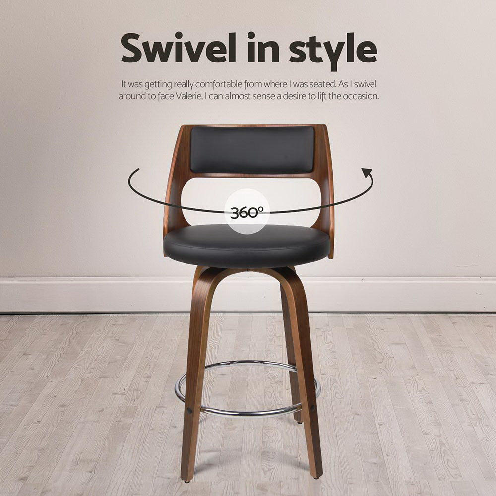 Arlo Swivel Leather Bar Stools – Black & Walnut – Set of 4