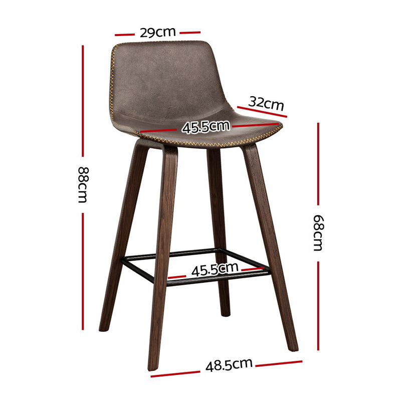 Set of 2 - Leather Square Footrest Bar Stools - Wood and Brown