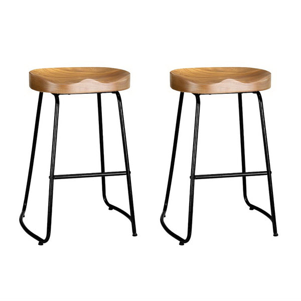 Artiss Set of 2 Elm Wood Backless Bar Stools 65cm - Black and Light Natural