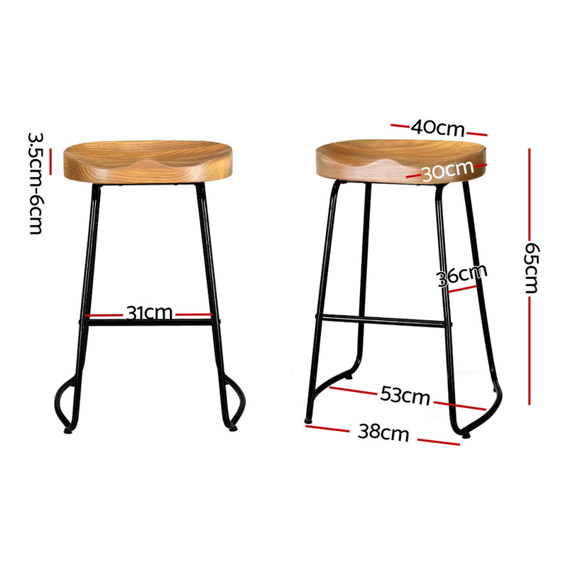 Set of 2 - Elm Wood Backless Bar Stools 65cm - Black and Light Natural