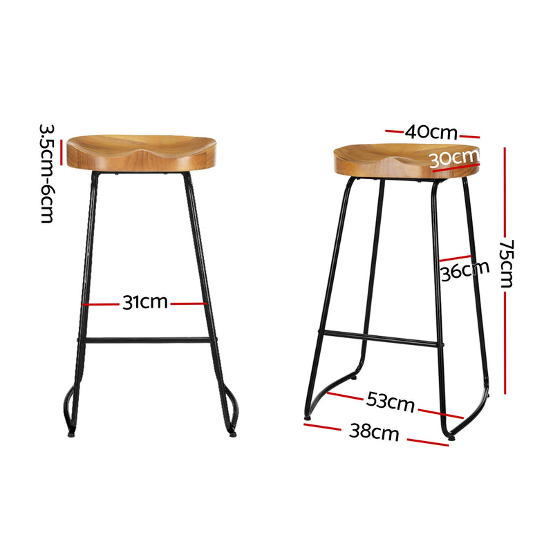 Set of 2 - Elm Wood Backless Bar Stools - 75cm - Black and Light Natural