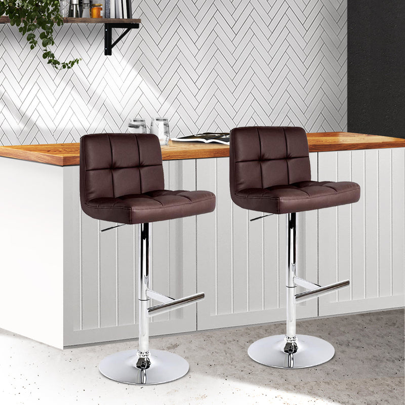 Set of 2 - Leather Gas Lift Bar Stools - Chocolate & Brown