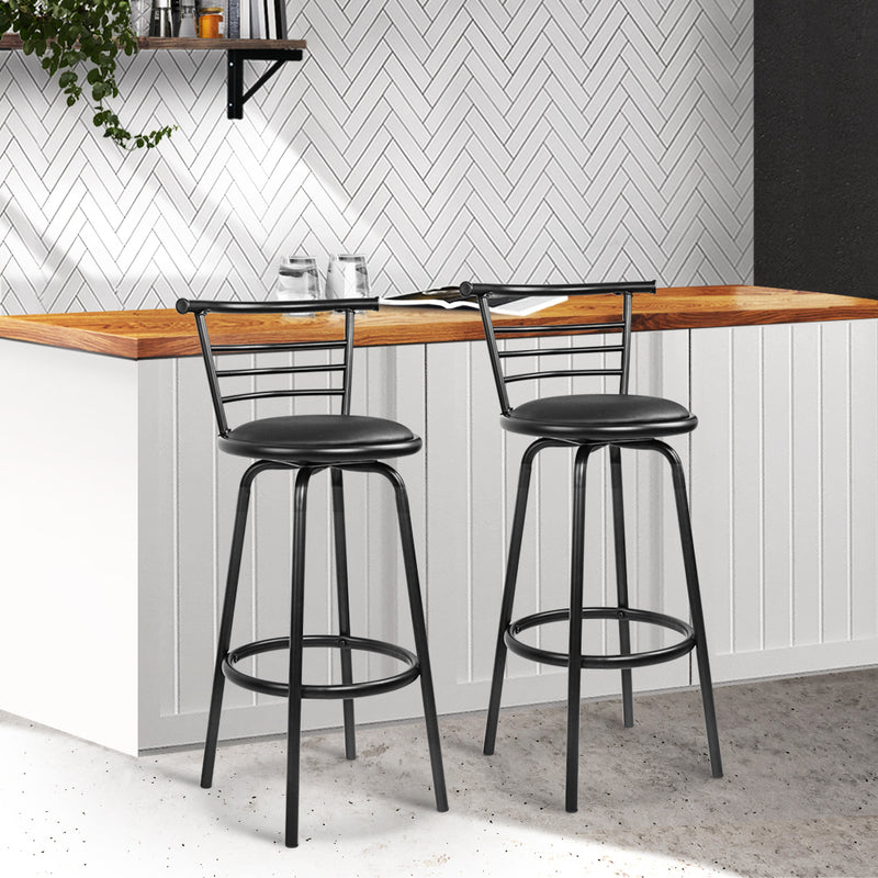 Set of 2 - Leather Bar Stools - Black and Steel