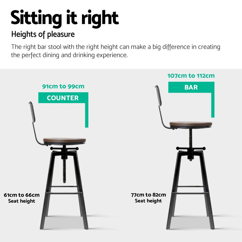 Angus Adjustable Bar Stools with Backrest – Black – Set of 4