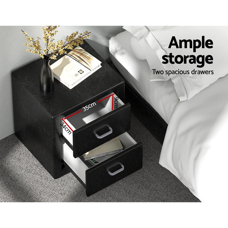 Leather Bedside Table - 2 Drawers - Black