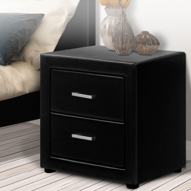 Leather Bedside Table - 2 Drawers - Black