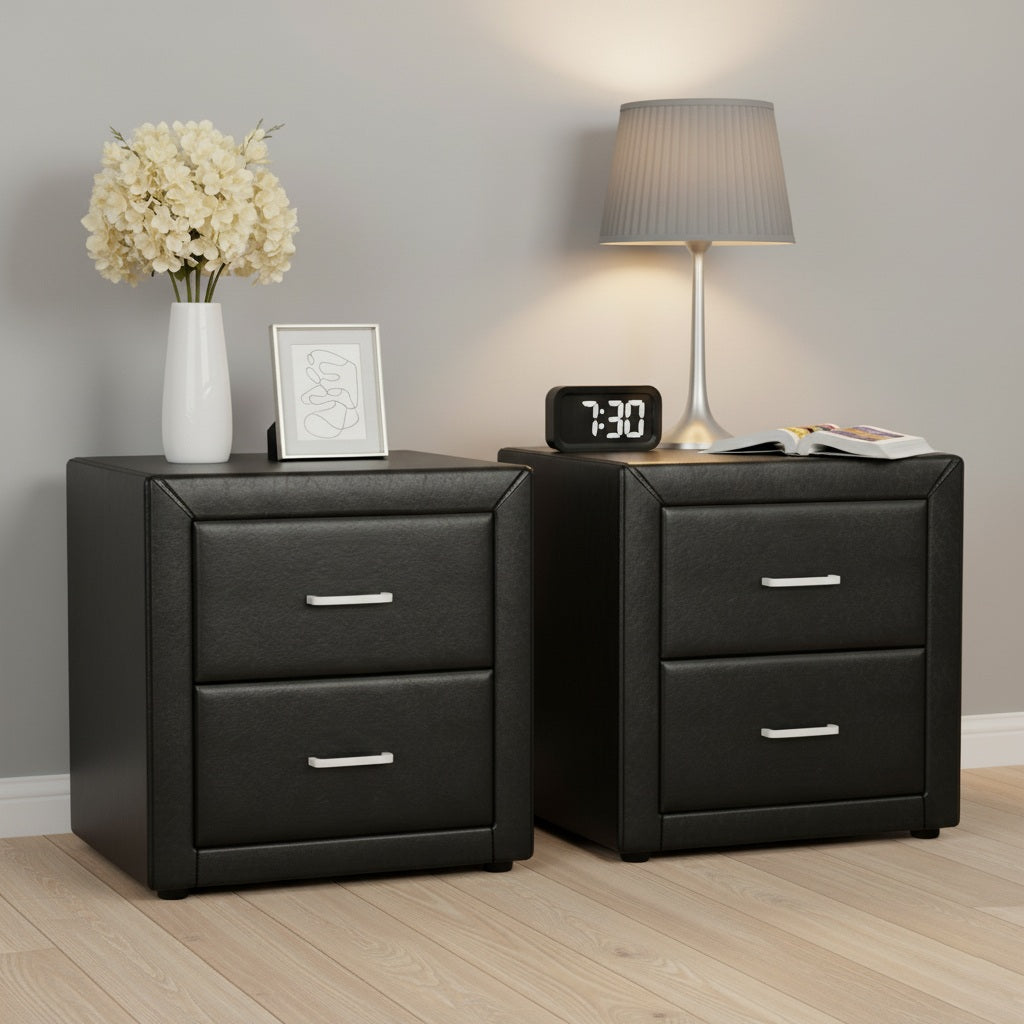 Haven 2X Bedside Table 2 Drawers Side Table Leather - CADEN Black