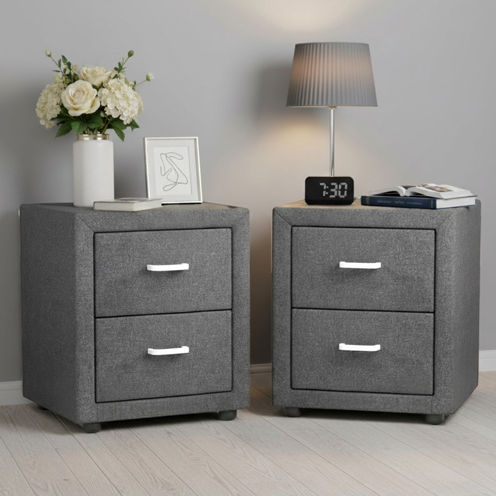 Linden 2X Bedside Table 2 Drawers Side Table Fabric - CADEN Grey