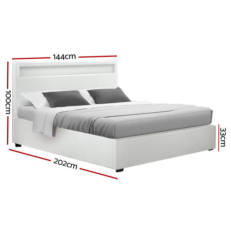 DOUBLE Size - LED Gas Lift Bed Frame - White