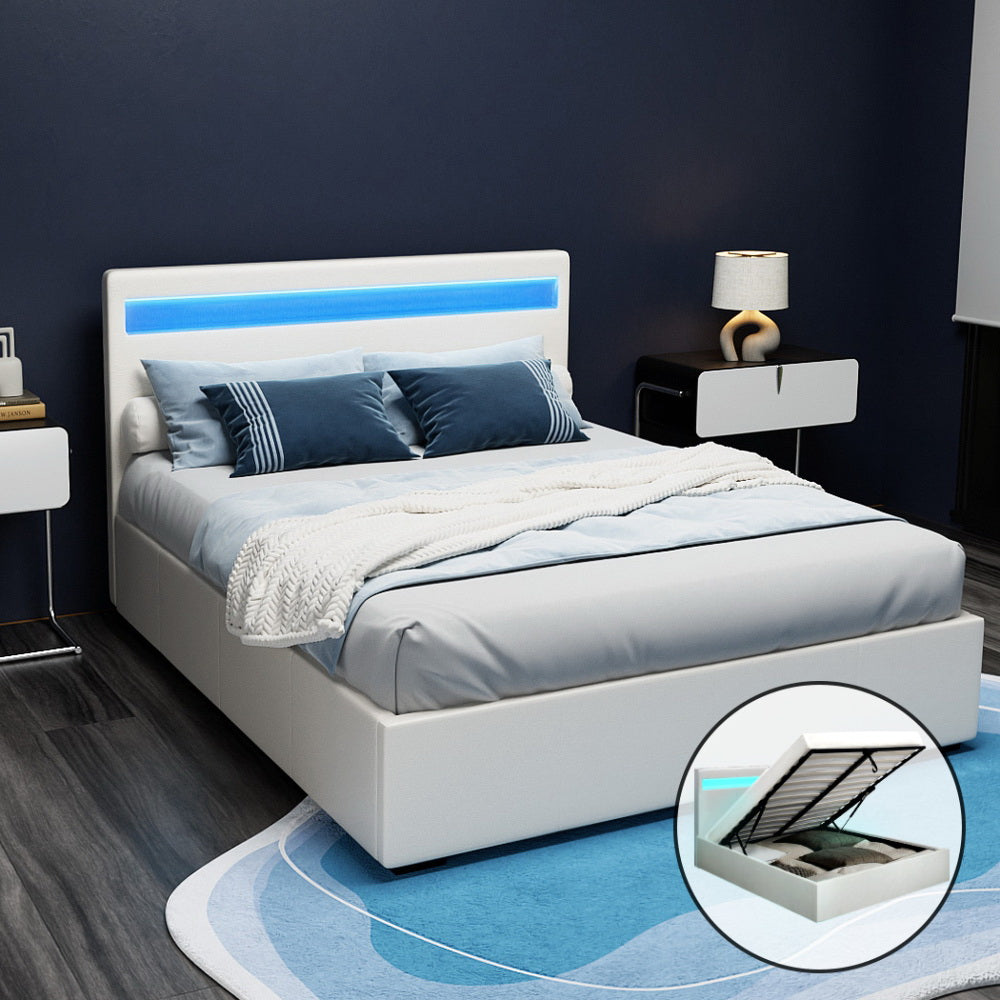 Lumera LED Gas Lift Leather Bed Frame – White – Double