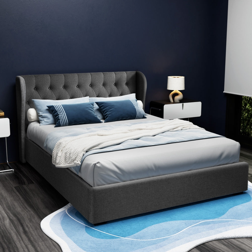 Issa Linen Gas Lift Bed Frame – Charcoal – Queen