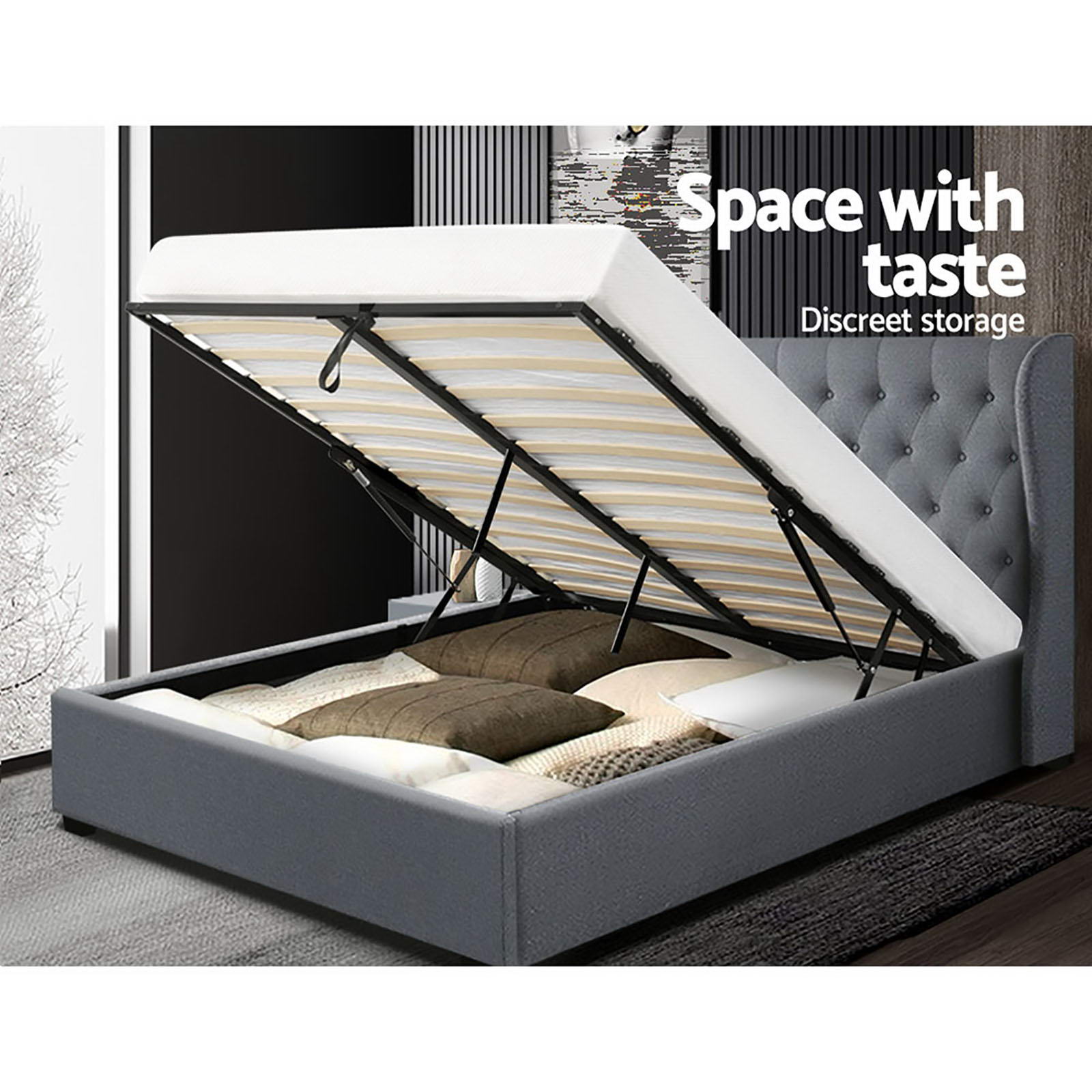 Serano Linen Gas Lift Bed Frame – Grey – Queen