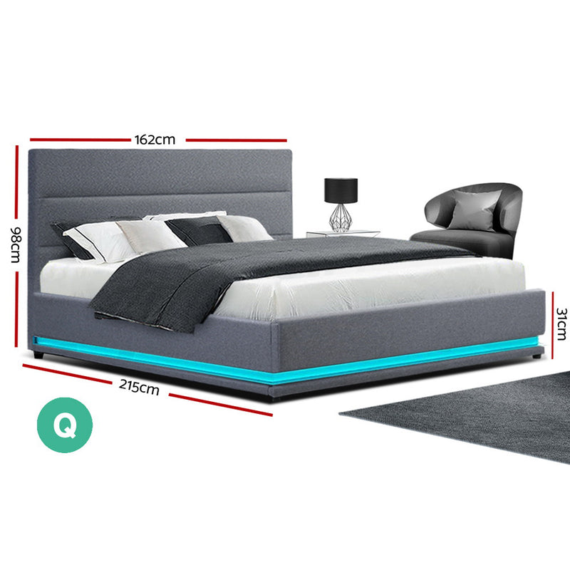 QUEEN Size - Gas Lift LED Bed Frame - Grey