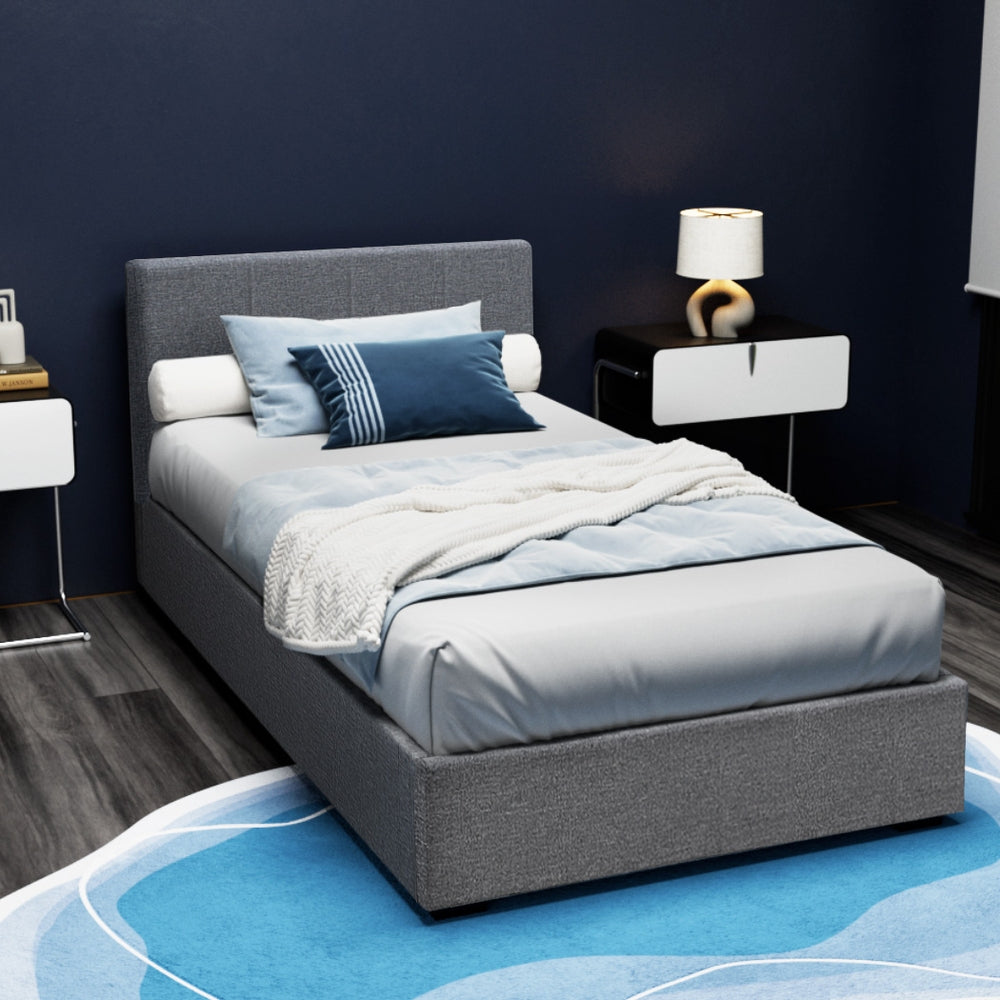 Nino Gas Lift Linen Fabric Bed Frame – Grey – King Single