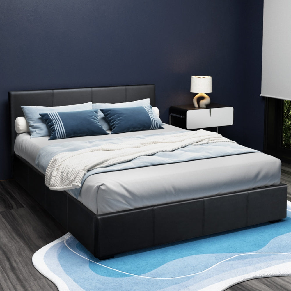 Halston Leather Gas Lift Bed Frame – Black – Queen