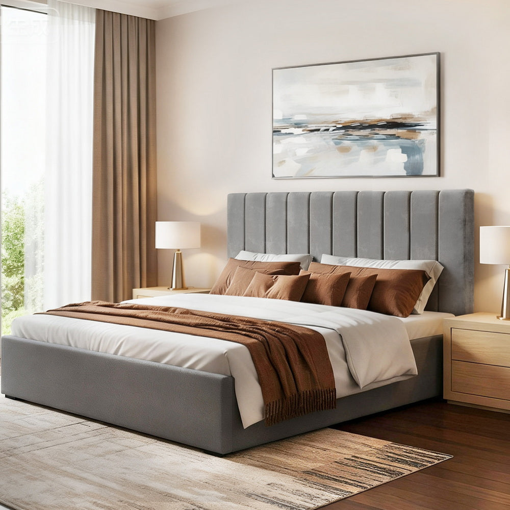 Haven Bed Frame with Storage Grey Velvet Headboard Gas Lift Platform Base – King