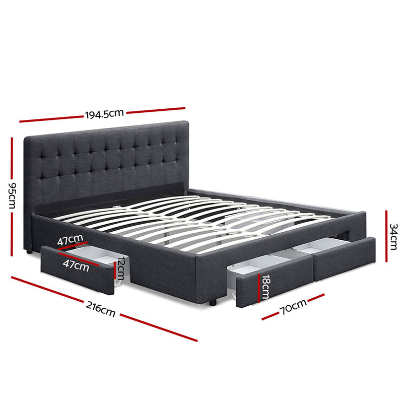 KING Size - Bed Frame with 4 Drawers - Charcoal