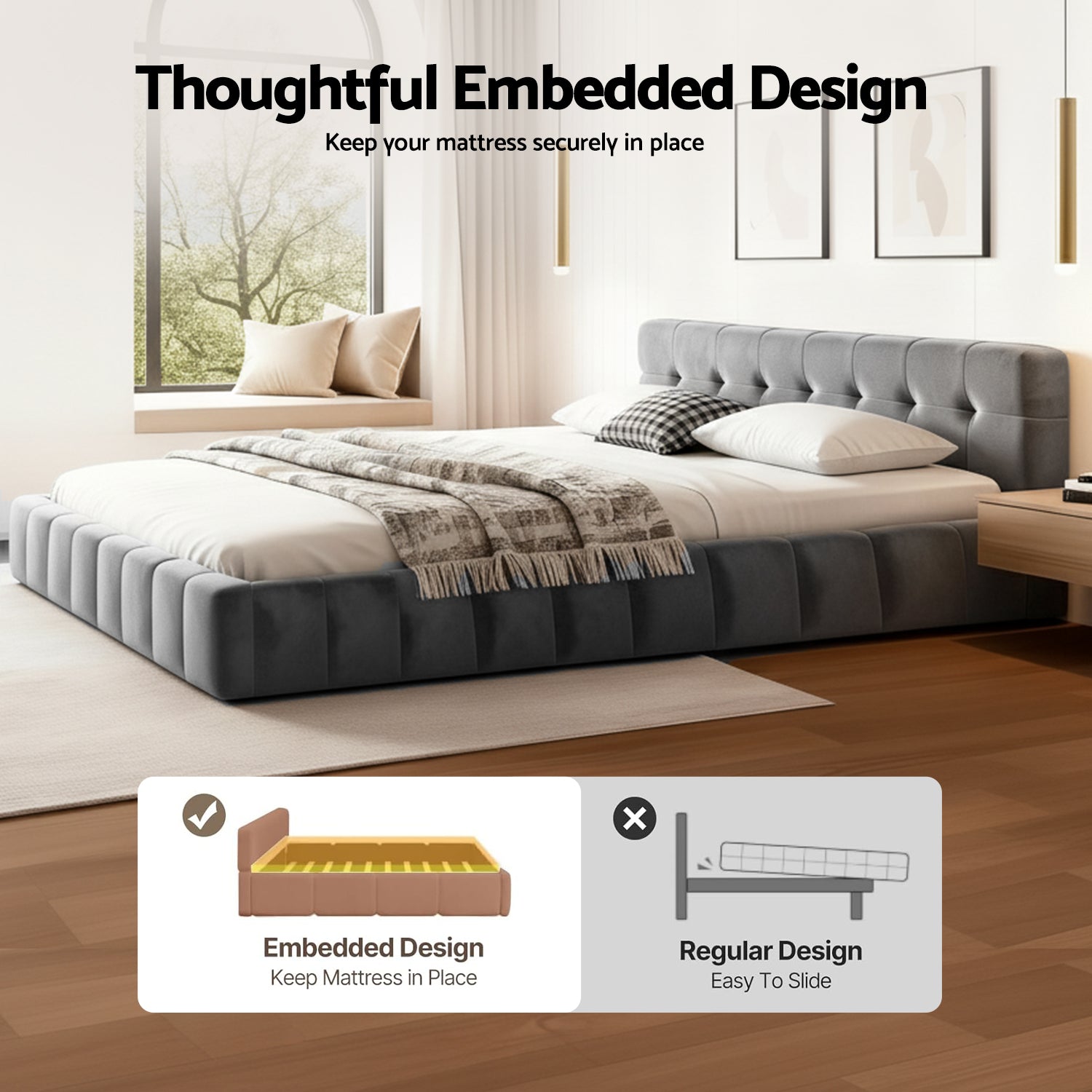 Haven Platform Bed Frame with Cloud Headboard – Grey – Queen