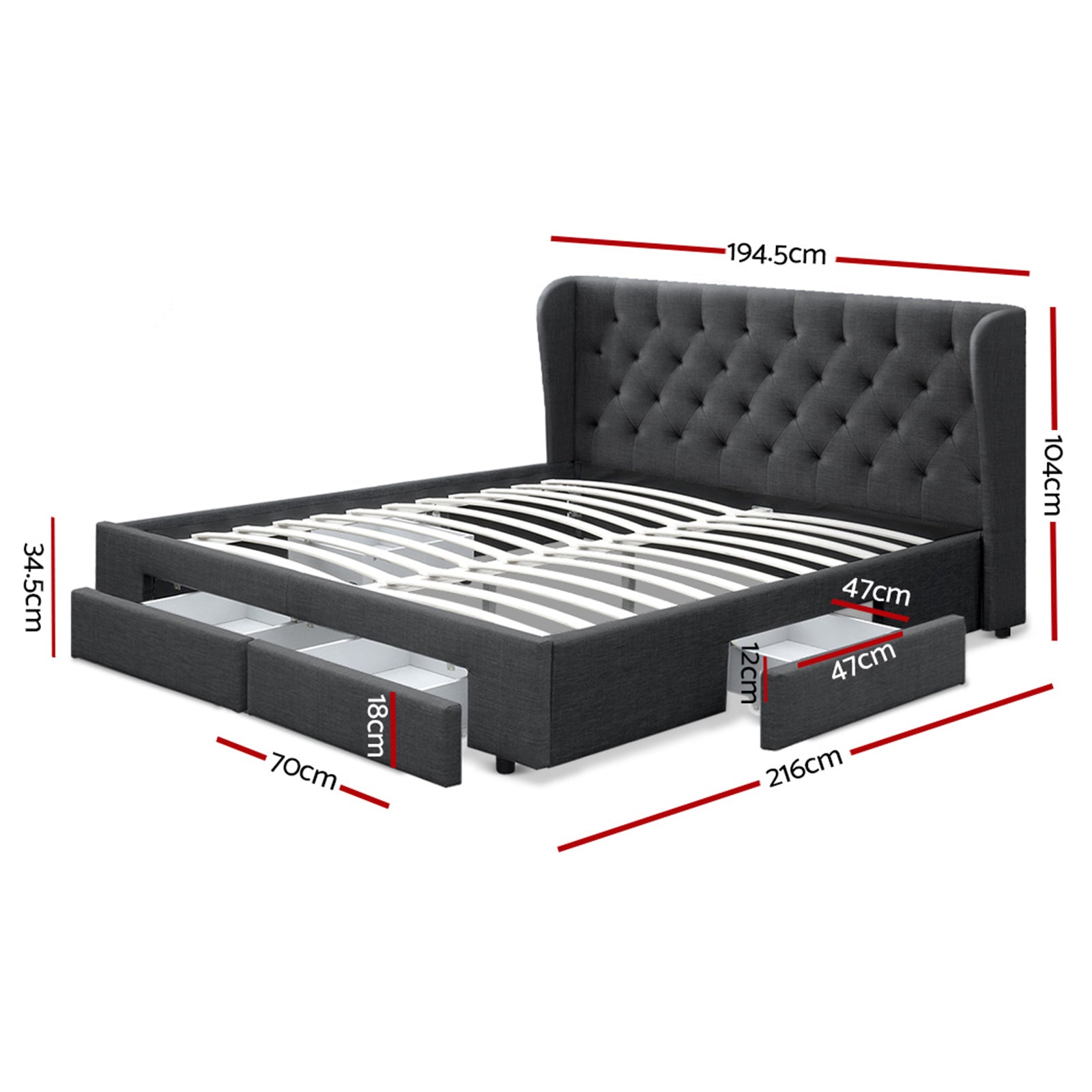 Mila Linen Bed Frame with 4 Drawers – Charcoal – King