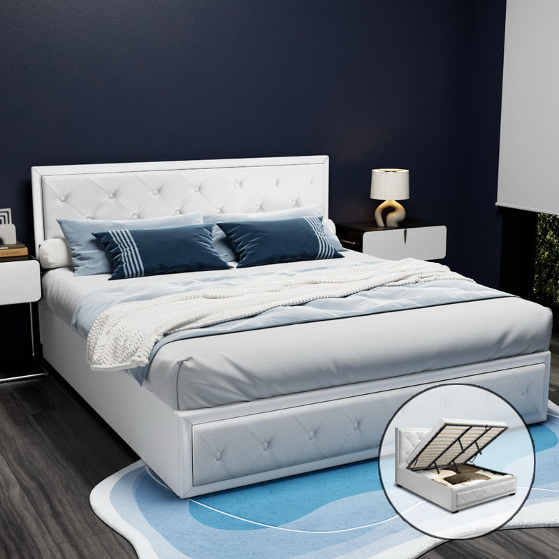 KING Size - Leather Gas Lift Bed Frame - White