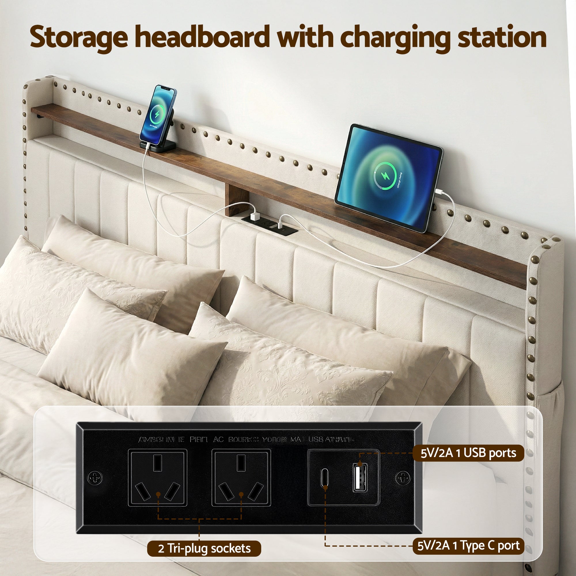 Arlo Gas Lift Storage Bed Frame – Beige – King