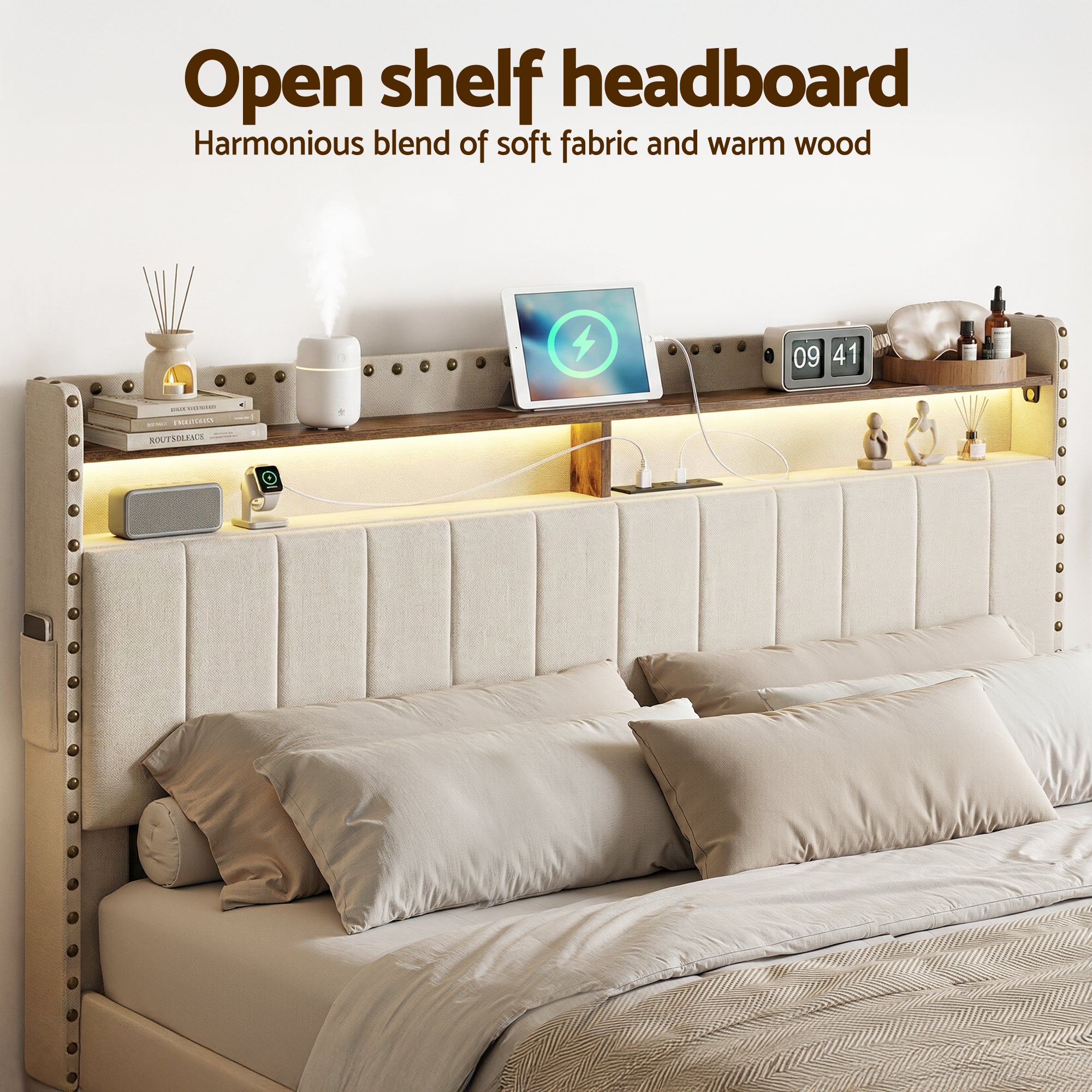 Linden Gas Lift Storage Bed Frame – Beige – Queen