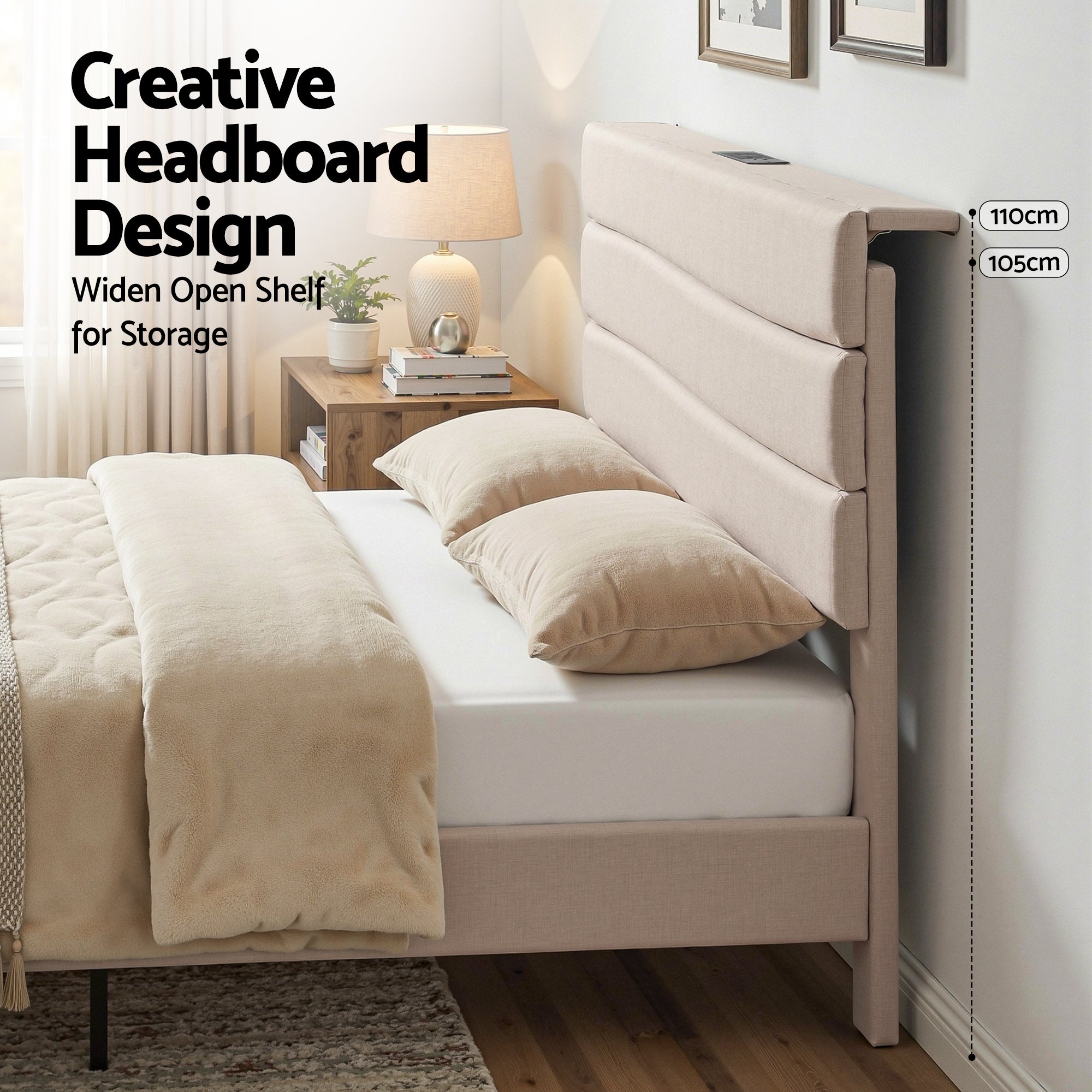 Nova Storage Bed Frame with Charging Station – Beige – Queen