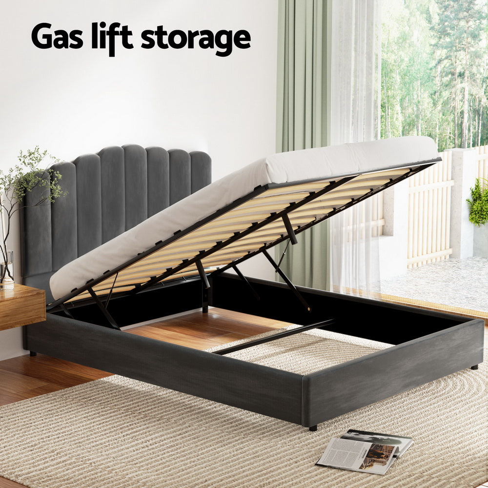 Fion Velvet Gas Lift Bed Frame – Grey – Queen