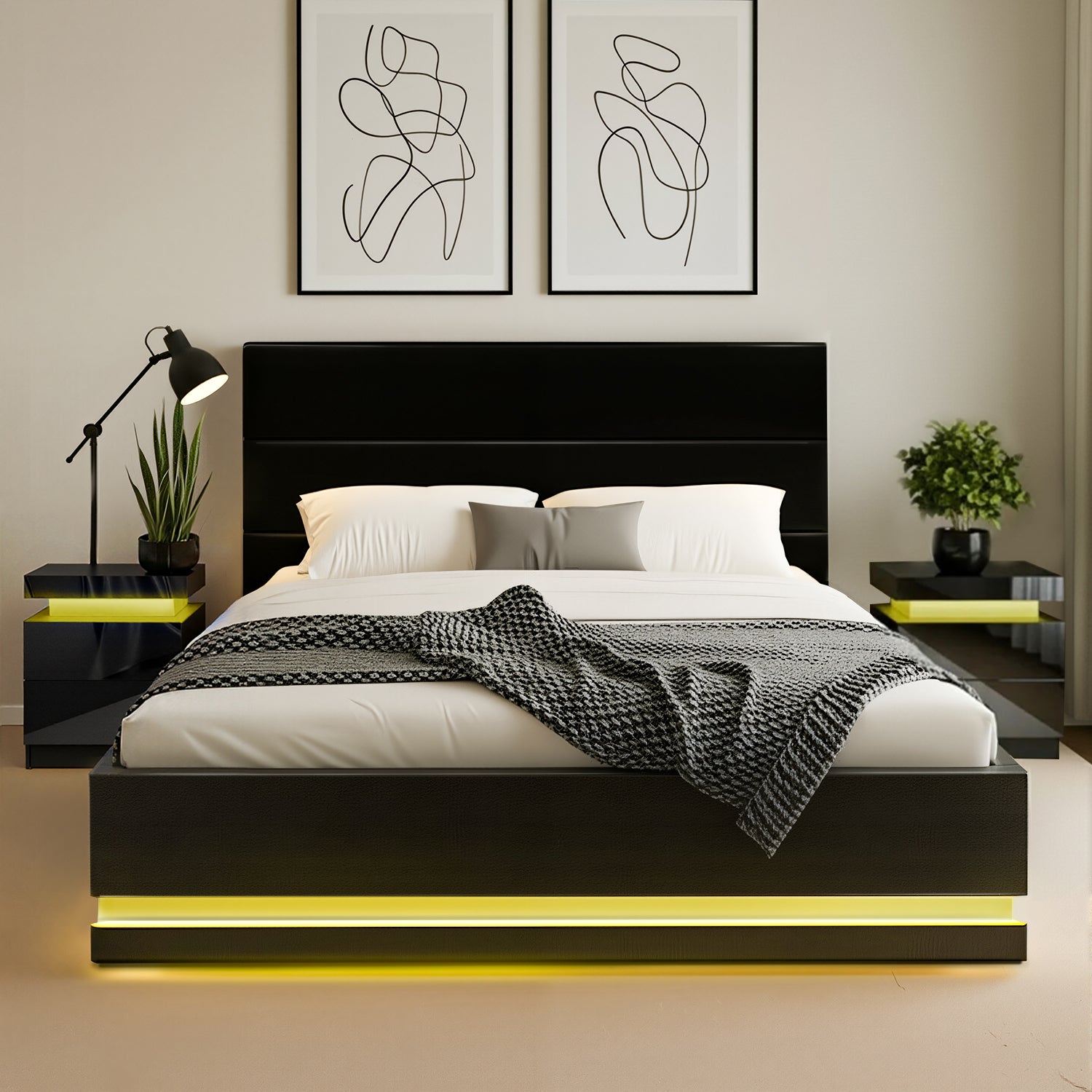 RGB LED Bed Frame with 2 Beside Tables Set 16 Colour Mood Lighting – Queen
