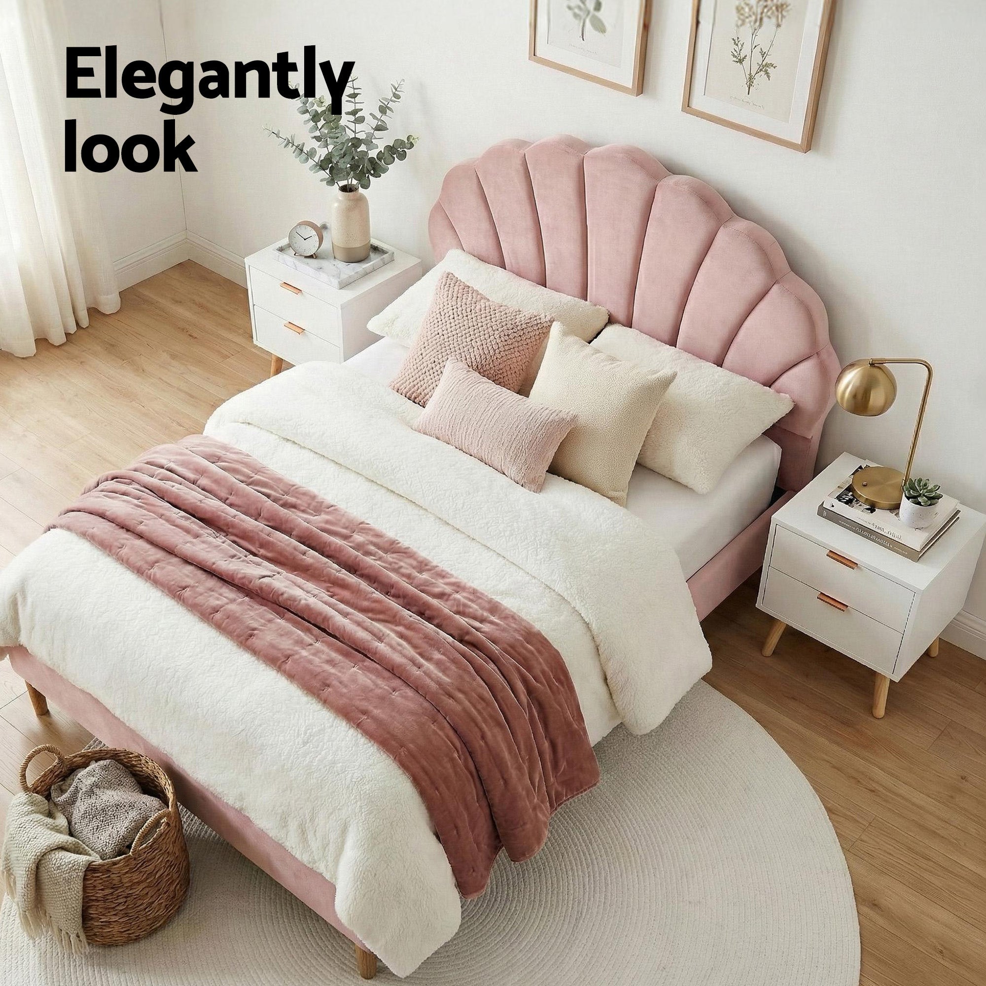 Rosana Bed Frame Set with Scallop Headboard – Pink – Double
