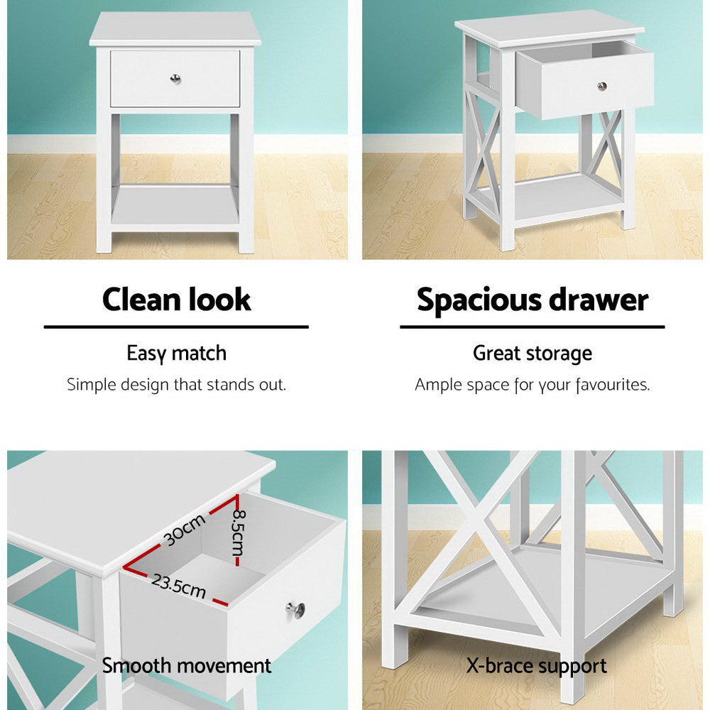 Emma Bedside Table with Drawer – White – 54cm