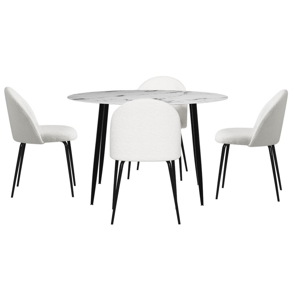 Ventura Dining Set – Marble Table with White Velvet Chairs – 5 Piece